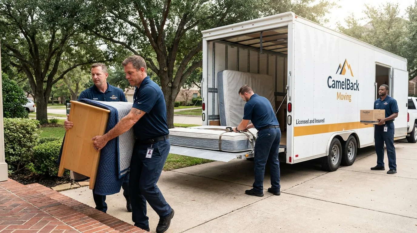 Crew loading residential truck for cross-state move from Abilene, TX