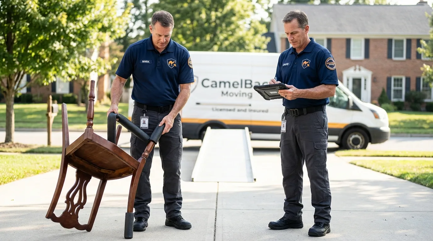 Movers inspecting furniture for damage prevention before loading in Abilene, TX