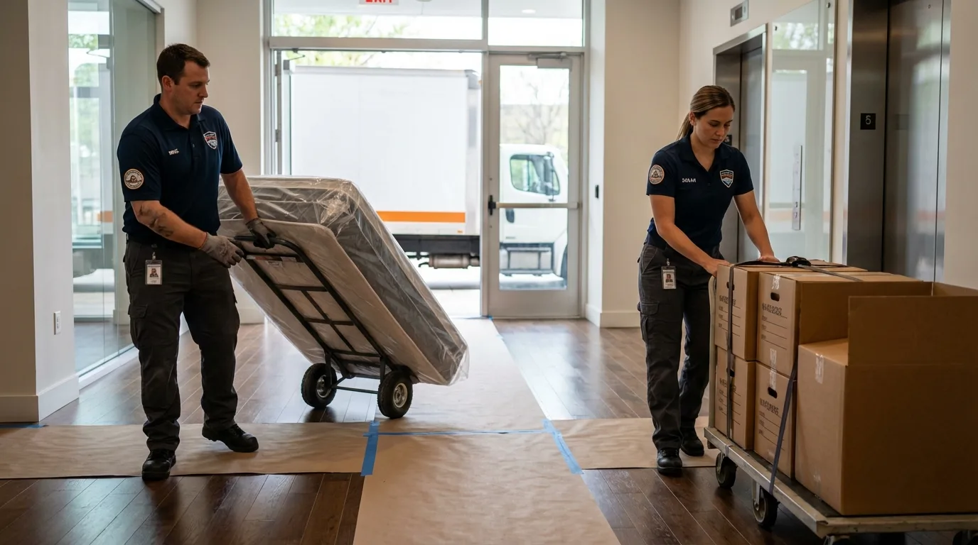 Professional apartment movers loading elevator in Abilene, TX